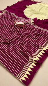 Magenta and White Striped Contemporary Satin Crepe Modal Silk Saree